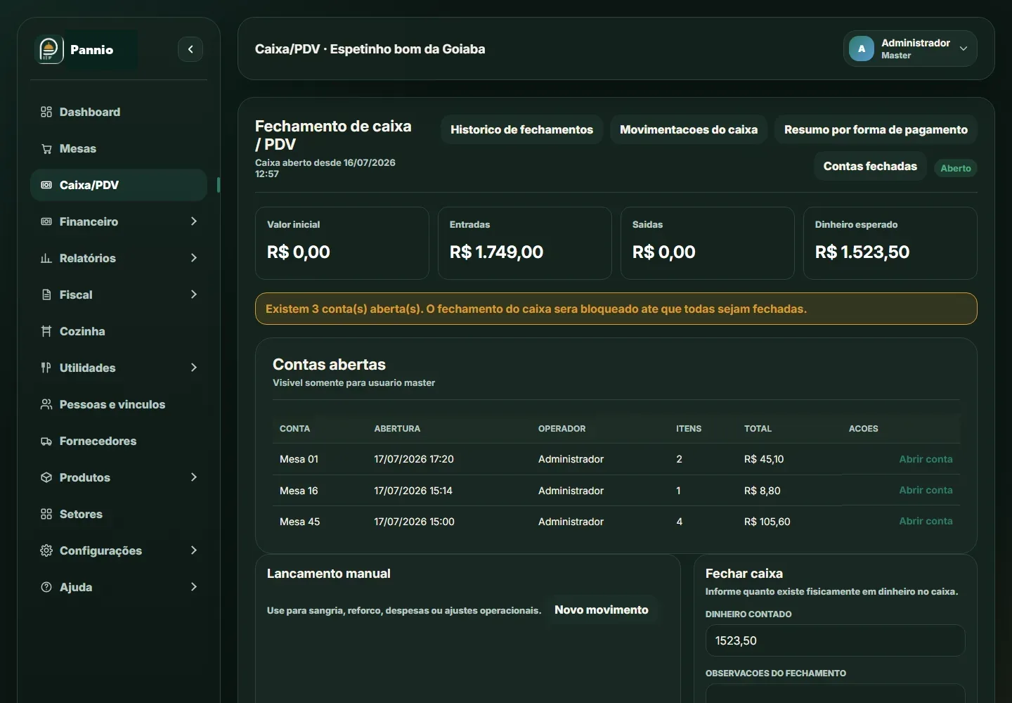 Tela de Caixa e PDV do Pannio com fechamento de caixa, contas abertas e movimentações